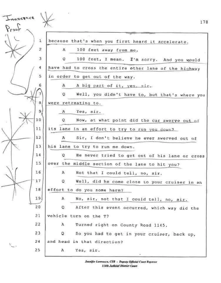 Page 178 of the official court transcript from the 114th Judicial District Court showing Trooper Robert Johnson's testimony that Matthew Dorsey never swerved or attempted to harm him
